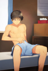 Rule 34 | 1boy, abs, bed, bedroom, black hair, boxers, male focus, male underwear, mattress, muscular, nipples, original, pectorals, red eyes, topless male, short hair, solo, stain, tissue, tissue box, tsudoo, underwear