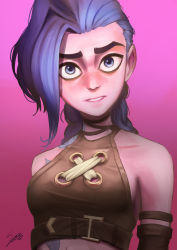 Rule 34 | 1girl, absurdres, arcane: league of legends, arcane jinx, bare shoulders, black choker, blue hair, braid, breasts, choker, collarbone, detached sleeves, female focus, freckles, gradient background, highres, jinx (league of legends), league of legends, long hair, looking at viewer, parted lips, pink background, pink eyes, ryu seok, signature, small breasts, solo, teeth, twin braids, upper body