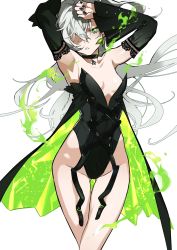 Rule 34 | 1girl, armpits, arms up, black nails, breasts, bright pupils, choker, colored eyelashes, crossed legs, detached sleeves, earrings, garter straps, green eyes, hair between eyes, hair over one eye, highres, jewelry, leotard, long hair, looking at viewer, nail polish, original, parted lips, silver hair, simple background, small breasts, solo, standing, towtow redoland, white background