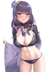 Rule 34 | 1girl, between breasts, black bra, black panties, bra, breasts, cleavage, cowboy shot, genshin impact, hair ornament, hand on own chest, hand up, highres, human scabbard, large breasts, lingerie, long hair, long sleeves, looking at viewer, mole, mole under eye, navel, object on breast, open mouth, panties, purple eyes, purple hair, raiden shogun, shrug (clothing), simple background, solo, stomach tattoo, string bra, string panties, tatsumiya kagari, tattoo, thighs, underwear, white background, wide sleeves