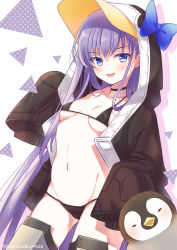Rule 34 | 1girl, absurdres, animal hood, armor, bare shoulders, bikini, bird, black bikini, black jacket, blue bow, blue eyes, blush, bow, breasts, choker, collarbone, fate/grand order, fate (series), greaves, highres, hood, hood up, jacket, long hair, long sleeves, looking at viewer, meltryllis, meltryllis (fate), meltryllis (swimsuit lancer) (fate), meltryllis (swimsuit lancer) (first ascension) (fate), navel, open mouth, penguin, penguin hood, pika mouse, prosthesis, prosthetic leg, purple hair, sleeves past fingers, sleeves past wrists, small breasts, smile, swimsuit, thighs, very long hair