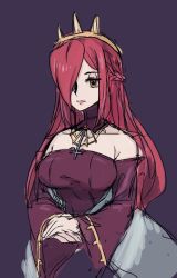 Rule 34 | 184nx, 1girl, cosplay, crown, detached collar, dress, hair over one eye, long hair, own hands clasped, parasoul (skullgirls), purple background, queen nancy renoir, queen nancy renoir (cosplay), red hair, sketch, skullgirls, solo, upper body, wide sleeves, yellow eyes