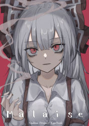 Rule 34 | 1girl, absurdres, between fingers, bow, buttons, cigarette, collarbone, collared shirt, dress shirt, fujiwara no mokou, grey hair, hair bow, head tilt, highres, hisha (kan moko), holding, holding cigarette, juliet sleeves, limited palette, long hair, long sleeves, looking at viewer, parted lips, puffy sleeves, red background, red eyes, shirt, simple background, smoking, solo, suspenders, touhou, upper body, white shirt