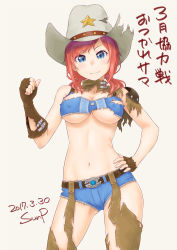 Rule 34 | 1girl, bare shoulders, blue eyes, blush, breasts, cowboy hat, cowboy western, cutoffs, dated, fingerless gloves, gloves, hat, highres, large breasts, looking at viewer, low twintails, monica blueash, red hair, school girl strikers, signature, smile, solo, sunsun69, torn clothes, twintails, underboob