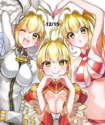 Rule 34 | 3girls, absurdres, ahoge, bare shoulders, bikini, blonde hair, blush, bodysuit, braid, breasts, bridal veil, chain, cleavage, cleavage cutout, closed mouth, clothing cutout, collarbone, criss-cross halter, dress, earrings, epaulettes, fate/extra, fate/extra ccc, fate/grand order, fate (series), flower wreath, french braid, full-length zipper, green eyes, hair between eyes, hair bun, hair intakes, halterneck, head wreath, highres, jewelry, juliet sleeves, large breasts, lock, long hair, long sleeves, looking at viewer, multiple girls, multiple persona, navel, nero claudius (bride) (fate), nero claudius (fate), nero claudius (fate) (all), nero claudius (fate/extra), nero claudius (swimsuit caster) (fate), one eye closed, open mouth, padlock, padlocked collar, puffy sleeves, red bikini, red dress, side-tie bikini bottom, single hair bun, smile, striped bikini, striped clothes, swimsuit, twintails, veil, white bodysuit, yayoi maka, zipper, zipper pull tab