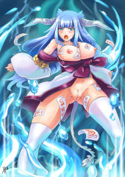 Rule 34 | 1girl, blue eyes, blue hair, blush, breasts, breasts out, cleft of venus, hm (hmongt), horns, long hair, matching hair/eyes, monster girl, nipples, original, pussy, solo, sweat, tail, talisman, thighhighs, uncensored