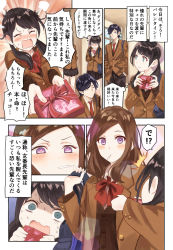 Rule 34 | 1boy, 2girls, agetake, black hair, blush, bow, box, brown hair, comic, closed eyes, green eyes, heart, heart-shaped pupils, highres, holding, looking at another, misunderstanding, multiple girls, open mouth, original, purple eyes, red bow, red ribbon, ribbon, school uniform, steam, sweat, symbol-shaped pupils, translation request, valentine, yuri