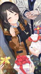Rule 34 | 1girl, ^ ^, black hair, blue nails, blush, box, braid, brown jacket, closed eyes, collared shirt, commentary request, drawstring, gift, gift bag, gift box, grey shirt, grin, hair over shoulder, holding, holding gift, idolmaster, idolmaster shiny colors, jacket, long hair, long sleeves, low twintails, mitsumine yuika, nail polish, o (rakkasei), parted bangs, polka dot, shirt, smile, solo focus, sparkle, standing, twin braids, twintails