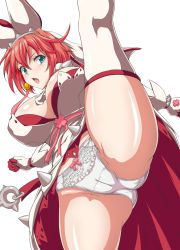 Rule 34 | 1girl, ahoge, animal ears, aqua eyes, arc system works, ass, blush, breasts, bridal veil, cameltoe, chestnut mouth, cleavage, cleft of venus, clover, dress, elphelt valentine, four-leaf clover, gloves, guilty gear, guilty gear xrd, huge breasts, kicking, looking at viewer, mokichi (nvzy3n), open mouth, panties, pantyshot, rabbit ears, red hair, ribbon, shiny skin, short hair, solo, spikes, spread legs, thighhighs, underwear, veil, wedding dress, white dress