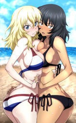 Rule 34 | 2girls, andou (girls und panzer), beach, bikini, black bikini, black hair, blonde hair, blue eyes, blue sky, breast press, breasts, cheek-to-cheek, closed mouth, cloud, commentary request, dark-skinned female, dark skin, day, girls und panzer, heads together, highres, interlocked fingers, large breasts, looking at viewer, medium hair, multicolored bikini, multicolored clothes, multiple girls, nakahira guy, ocean, oshida (girls und panzer), outdoors, side-tie bikini bottom, sky, swimsuit, symmetrical docking, tan, yuri