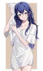 Rule 34 | 1girl, ameno (a meno0), blue eyes, blue hair, border, breasts, collarbone, dress, drying, drying hair, fire emblem, fire emblem awakening, holding, holding towel, long hair, looking at viewer, lucina (fire emblem), nintendo, parted lips, short dress, short sleeves, small breasts, solo, symbol in eye, towel, wavy hair, wet, wet hair, white border, white dress