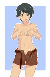 Rule 34 | 10s, 1girl, akitetsu, bad id, bad twitter id, black hair, breasts, collarbone, covering privates, covering breasts, highres, kantai collection, mogami (kancolle), open fly, short hair, shorts, small breasts, solo, topless, two-tone background, open belt, unzipped