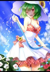 Rule 34 | 1girl, alternate costume, bare arms, bare shoulders, blue sky, breasts, cleavage, cloud, collarbone, day, dress, flower, green hair, hat, hat flower, highres, hose, kazami yuuka, letterboxed, medium breasts, multicolored clothes, multicolored dress, one eye closed, open mouth, red eyes, shironeko yuuki, shochuumimai, sky, sleeveless, sleeveless dress, smile, solo, sundress, sunflower, touhou, watering