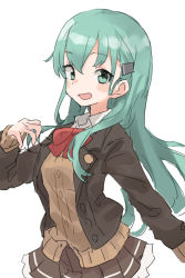 Rule 34 | 1girl, aqua eyes, aqua hair, blazer, blush, breasts, brown jacket, brown skirt, frilled skirt, frills, gazacy (dai), hair ornament, hairclip, highres, jacket, kantai collection, long hair, long sleeves, open mouth, red neckwear, school uniform, simple background, skirt, solo, suzuya (kancolle), white background