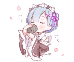 Rule 34 | 1girl, blue hair, cherry blossoms, chibi, closed eyes, cropped torso, cup, detached sleeves, drink, drinking, from side, gomzi, hair ornament, holding, holding cup, long sleeves, maid, maid headdress, petals, re:zero kara hajimeru isekai seikatsu, rem (re:zero), short hair, signature, simple background, solo, sound effects, upper body, white background, wide sleeves, x hair ornament, yunomi