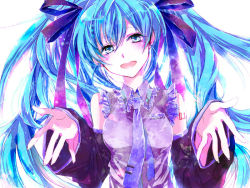 Rule 34 | 1girl, aqua hair, bad id, bad pixiv id, breasts, detached sleeves, female focus, frills, green eyes, hair ribbon, hatsune miku, head tilt, long hair, necktie, open mouth, ribbon, serinavvv, solo, twintails, upper body, vocaloid, white background
