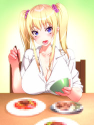 Rule 34 | 1girl, blonde hair, blue eyes, blush, breasts, censored, chair, chopsticks, cleavage, collared shirt, eyebrows, food, happy, highres, holding, huge breasts, long hair, looking at viewer, mosaic censoring, nabesekizaiten, open mouth, original, shirt, simple background, sitting, smile, solo, table, twintails, unbuttoned
