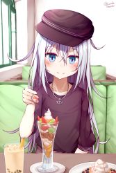 Rule 34 | 1girl, absurdres, alternate costume, anchor necklace, black hat, black shirt, blue eyes, blurry, blurry background, blush, booth seating, brown skirt, bubble tea, casual, closed mouth, collarbone, commentary request, cup, depth of field, drink, drinking glass, flat cap, food, hair between eyes, hat, hibiki (kancolle), highres, holding, holding spoon, indoors, jewelry, kantai collection, long hair, necklace, parfait, plate, revision, saucer, seat, shirt, short sleeves, silver hair, sitting, skirt, smile, solo, spoon, tateishi kureha, twitter username, upper body