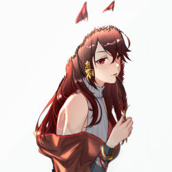 Rule 34 | 1girl, absurdres, animal ears, anming, bangle, bare shoulders, blush, bracelet, breasts, detached sleeves, feathers, hair between eyes, hair ornament, highres, holding, holding feather, horse ears, jewelry, large breasts, long hair, looking at viewer, off shoulder, original, parted lips, red eyes, red hair, sidelocks, smile, solo, sweater, sweater vest, turtleneck, turtleneck sweater