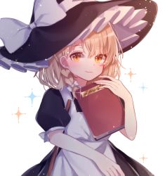 Rule 34 | + +, 1girl, adapted costume, alternate hair length, alternate hairstyle, apron, arm up, black dress, black hat, blonde hair, book, braid, dress, hat, hat ribbon, highres, holding, holding book, hugging book, hugging object, kirisame marisa, light particles, looking at viewer, puffy short sleeves, puffy sleeves, ribbon, short hair, short sleeves, simple background, single braid, smile, solo, sparkle, standing, star-shaped pupils, star (symbol), symbol-shaped pupils, touhou, upper body, white background, witch hat, yellow eyes, yurui tuhu