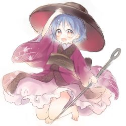 Rule 34 | 1girl, :d, barefoot, blue hair, bowl, bowl hat, full body, hand on headwear, hat, highres, japanese clothes, kimono, looking at viewer, mugicha (mugicha0929), needle, obi, open mouth, red eyes, red kimono, sash, short hair, simple background, sketch, smile, solo, sukuna shinmyoumaru, touhou, white background, wide sleeves