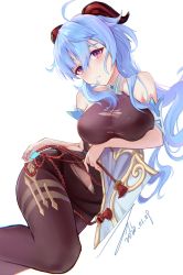 Rule 34 | 1girl, 2020, absurdres, ahoge, arm under breasts, bare shoulders, bell, blue hair, bodystocking, bodysuit, breasts, brown bodysuit, cleavage, covered navel, cowbell, dated, detached sleeves, dutch angle, eyebrows hidden by hair, ganyu (genshin impact), genshin impact, goat horns, hair between eyes, hand on own hip, highres, horns, invisible floor, janload1ng, large breasts, long hair, lying, on side, open mouth, purple eyes, simple background, skindentation, solo, torn bodystocking, torn clothes, white background