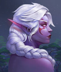 Rule 34 | 1girl, braid, colored skin, commentary, elf, english commentary, from side, highres, lauraklein, long hair, night, night elf (warcraft), night sky, outdoors, pointy ears, portrait, purple skin, sky, solo, tree, warcraft, white hair, world of warcraft
