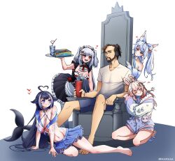 Rule 34 | :d, absurdres, ahoge, animal ear fluff, animal ears, animal slippers, apron, arm support, arm tattoo, artist name, asmongold, barefoot, bath water (meme), beard, belt collar, bikini, bikini under clothes, black hair, black skirt, blue collar, blue shorts, blue skirt, body markings, breasts, cetacean tail, chest tattoo, cleavage, cleavage cutout, closed eyes, clothing cutout, collar, collarbone, commentary, cup, disposable cup, elbow gloves, english commentary, facial hair, facial tattoo, fins, fish tail, full body, gloves, groin tendon, hair ornament, hand up, headphones, heart, heart ahoge, heart hair ornament, highres, holding, holding tray, indie virtual youtuber, kirsche verstahl, kkairaaa, kneeling, large breasts, leg tattoo, long hair, looking at another, looking at viewer, lucy pyre, maid headdress, meme, multicolored hair, mustache, navel, open mouth, orca girl, pajamas, phase connect, pink hair, pink pajamas, pipkin pippa, pipkin pippa (1st costume), purple eyes, rabbit ears, rabbit girl, rabbit hair ornament, rabbit ornament, real life, red eyes, see-through, see-through shirt, shirt, shorts, shylily, shylily (1st costume), simple background, sitting, skirt, slippers, smile, streaked hair, swimsuit, tail, tattoo, thighs, throne, toes, tray, twintails, twitter username, virtual youtuber, wendy&#039;s, whale girl, white background, white gloves, white hair, white shirt