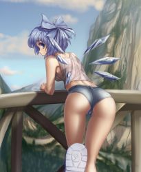 Rule 34 | 1girl, alternate costume, ass, bare shoulders, blue eyes, blue hair, bow, bridge, circled 9, cirno, cirno-nee, hair bow, hater (hatater), highres, ice, ice wings, landscape, looking at viewer, looking back, matching hair/eyes, no bra, no panties, aged up, partially visible vulva, scenery, shoes, short hair, short shorts, shorts, sneakers, solo, thighs, touhou, wings