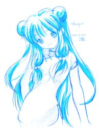 Rule 34 | 1girl, blue theme, character name, china dress, chinese clothes, dated, dress, long hair, monochrome, ranma 1/2, shampoo (ranma 1/2), solo, very long hair