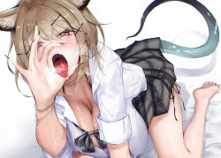 Rule 34 | all fours, animal ear fluff, animal ears, arknights, breasts, cleavage, eichi (yashokuya), fellatio gesture, heart, heart-shaped pupils, highres, large breasts, light brown hair, looking at viewer, open mouth, oral invitation, plaid, plaid skirt, red eyes, saliva, short hair, skirt, solo, symbol-shaped pupils, tail, tongue, tongue out, utage (arknights), white background