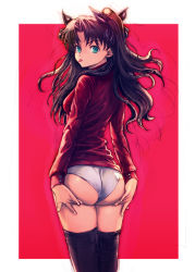 Rule 34 | 1girl, :p, ass, back, black hair, black thighhighs, blue eyes, bow, boyaking, fate/stay night, fate (series), female focus, from behind, hair ribbon, hands on ass, long hair, long sleeves, looking at viewer, looking back, no pants, panties, ribbon, simple background, solo, standing, sweater, thighhighs, tohsaka rin, tongue, tongue out, twintails, two side up, underwear, white panties