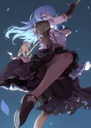 Rule 34 | 1girl, apron, axe, black dress, black eyeliner, black sleeves, blue eyes, blue hair, blush, detached sleeves, dress, eyelashes, eyeliner, floating hair, frilled dress, frills, glowing, glowing eyes, hair between eyes, hair ornament, hairclip, highres, holding, holding axe, holding weapon, hololive, hoshimachi suisei, jon eve, jumping, long hair, looking at viewer, maid, maid apron, makeup, midair, solo, virtual youtuber, weapon