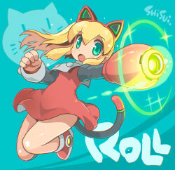 1girl :o animal_ears arm_cannon artist_name blonde_hair cat_ears cat_girl cat_tail dress full_body green_eyes jumping long_hair long_sleeves mechanical_ears mechanical_tail mega_man_(classic) mega_man_(series) open_mouth red_dress red_footwear roll_(mega_man) shisui shoes tail thighs weapon