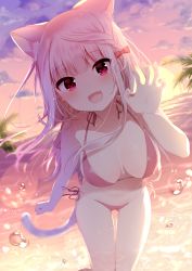 Rule 34 | 1girl, :d, animal ears, bad id, bad pixiv id, bikini, blurry, blurry background, blush, bow, braid, breasts, breasts apart, cat ears, cat girl, cat tail, claw pose, cloud, cloudy sky, collarbone, commentary request, depth of field, dutch angle, fang, gluteal fold, hair bow, halterneck, hand up, head tilt, highres, horizon, leaning forward, long hair, mafuyu (chibi21), medium breasts, navel, ocean, open mouth, original, pink bikini, pink hair, red bow, red eyes, side-tie bikini bottom, side braid, sky, smile, solo, standing, string bikini, sun, sunset, swimsuit, tail, thigh gap, very long hair, water, water drop