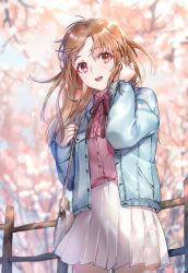 Rule 34 | 1girl, :d, absurdres, artist name, blue jacket, blurry, blurry background, blush, brown hair, brown ribbon, buttons, cherry blossoms, collared shirt, commentary, cowboy shot, depth of field, english commentary, fence, hand up, hieung, highres, jacket, long hair, long sleeves, looking at viewer, mole, mole under mouth, neck ribbon, open clothes, open jacket, open mouth, original, outdoors, petals, pink shirt, pleated skirt, red eyes, ribbon, shirt, sidelocks, skirt, smile, solo, standing, striped clothes, striped shirt, tree, white skirt