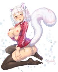 Rule 34 | + +, 1girl, animal ear fluff, animal ears, ass, bad id, bad pixiv id, bikini, blush, breasts, full body, highres, large breasts, muloli, nipples, open mouth, original, see-through, short hair, silver hair, smile, solo, swimsuit, tail, thighhighs