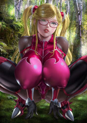 Rule 34 | 1girl, arms under breasts, blonde hair, blush, bodysuit, breasts, covered erect nipples, covered navel, forest, glasses, green eyes, highres, huge breasts, impossible bodysuit, impossible clothes, kosaka shizuru, legs apart, lexaiduer, lips, long hair, looking at viewer, nature, naughty face, outdoors, parted lips, red bodysuit, revealing clothes, seductive smile, shiny clothes, shiny skin, skin tight, smile, solo, spread legs, squatting, taimanin (series), taimanin suit, taimanin yukikaze, tree, twintails, two side up, very long hair
