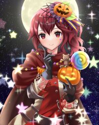 Rule 34 | 1girl, anna (fire emblem), anna (fire emblem) (cosplay), black gloves, cape, cosplay, finger to cheek, fire emblem, fire emblem awakening, fire emblem engage, fire emblem heroes, food-themed hair ornament, full moon, gloves, hair ornament, highres, jack-o&#039;-lantern, jack-o&#039;-lantern ornament, kakiko210, looking at viewer, moon, night, nintendo, official alternate costume, official art, ponytail, pump, pumpkin hair ornament, red cape, red eyes, red hair, sky, smile, star (sky), star sticker, starry sky, sticker on face