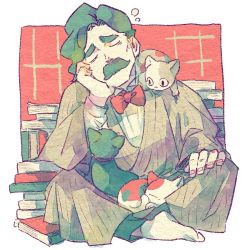 Rule 34 | 1boy, ace attorney, black hair, book, cat, closed eyes, facial hair, hand on own cheek, hand on own face, crossed legs, male focus, mustache, no shoes, shino (shino dgs), socks, solo, soseki natsume, the great ace attorney, the great ace attorney 2: resolve, thick eyebrows
