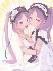 Rule 34 | 2girls, :d, armlet, black hairband, bracelet, closed mouth, dress, euryale (fate), euryale (third ascension) (fate), fate/grand order, fate/hollow ataraxia, fate (series), flower hairband, frilled hairband, frills, grey eyes, hairband, halo, hand on another&#039;s shoulder, highres, jewelry, long hair, looking at viewer, motamo (motamotri), multiple girls, neck ring, open mouth, parted bangs, purple hair, siblings, sidelocks, sideways glance, simple background, sisters, sleeveless, sleeveless dress, smile, stheno (fate), stheno (third ascension) (fate), twins, twintails, upper body, white background, white dress, white hairband, yellow halo