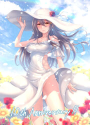 Rule 34 | anniversary, black hair, blue sky, breasts, brown eyes, cloud, commentary request, cosplay, day, dress, fletcher (kancolle), fletcher (kancolle) (cosplay), flower, frilled dress, frills, hair ornament, hairclip, haruna (kancolle), hat, hat flower, kantai collection, large breasts, long hair, no panties, off-shoulder dress, off shoulder, outdoors, ryu-akt, sky, sun hat, white dress, white hat