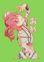 Rule 34 | 1girl, ahoge, arm at side, arm up, blush, bow, buttons, commentary request, cropped legs, double-breasted, drill hair, from side, green background, grey jacket, grey skirt, grin, hair bow, head back, highres, index finger raised, jacket, kasane teto, kasane teto (sv), leaning to the side, long sleeves, looking at viewer, looking to the side, musical staff print, red hair, romaji commentary, shoulder belt, shoulder plates, simple background, skirt, sleeve cuffs, smile, solo, synthesizer v, translation request, uniform, uotak, utau, white bow