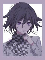 Rule 34 | 1boy, black hair, chain, checkered clothes, checkered scarf, closed mouth, danganronpa (series), danganronpa v3: killing harmony, flipped hair, grey background, grey jacket, hair between eyes, hand up, highres, index finger raised, jacket, long sleeves, male focus, oma kokichi, pink eyes, portrait, pote (pote 39), scarf, signature, smile, solo, white background