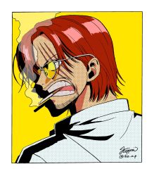 Rule 34 | 1boy, artist request, border, facial hair, highres, looking to the side, manly, official style, one piece, red hair, scar, scar across eye, shanks (one piece), shirt, short hair, smoking, solo, sunglasses, upper body, white border, yellow background