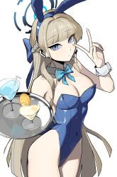 Rule 34 | 1girl, blonde hair, blue archive, bow, bowtie, breasts, byungttal, cowboy shot, halo, juice, looking at viewer, medium breasts, rabbit ears, solo, thigh gap, toki (blue archive), toki (bunny) (blue archive), v, white background