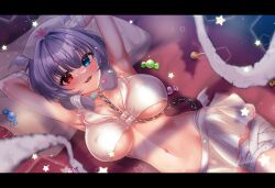 Rule 34 | 1girl, absurdres, arms behind back, bandages, blush, breasts, candy, chain, character request, covered erect nipples, food, grey hair, hat, heterochromia, highres, large breasts, lollipop, nurse, nurse cap, pillow, seta makoto, skirt, tagme