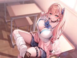 Rule 34 | arm support, belt, blonde hair, blue eyes, bow, bowtie, bra, bra peek, breasts, brown footwear, choker, classroom, cleavage, clothes around waist, clothes pull, collarbone, commentary request, crossed legs, desk, earrings, evening, from above, gradient hair, grin, gyaru, hair between eyes, hair ornament, hairclip, highres, jewelry, kogal, large breasts, long hair, looking at viewer, loose bowtie, loose socks, miniskirt, multicolored hair, multiple piercings, nanafuton, o-ring, on desk, original, partially unbuttoned, school desk, shirt, shirt pull, side ponytail, sitting, on desk, skirt, smile, socks, strap gap, striped bow, striped bowtie, striped clothes, sweater, sweater around waist, thigh belt, thigh strap, underwear, white shirt, white socks
