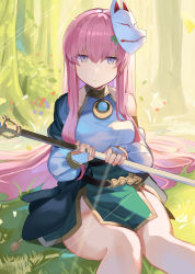 Rule 34 | 1girl, :&lt;, absurdly long hair, bare legs, bare shoulders, blue eyes, blush, bridal gauntlets, bright pupils, closed mouth, cosplay, day, detached sleeves, dress, falken (yutozin), feet out of frame, forest, fox mask, grass, hair spread out, hata no kokoro, highres, holding, holding staff, jitome, knees together feet apart, kokkoro (princess connect!), kokkoro (princess connect!) (cosplay), long hair, looking at viewer, mask, mask on head, multicolored eyes, name connection, nature, no panties, on ground, outdoors, petals, pink hair, polearm, princess connect!, sidelocks, sitting, sleeveless, sleeveless dress, solo, staff, thighs, touhou, very long hair, weapon, white pupils