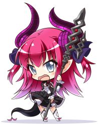 Rule 34 | 10s, 1girl, :d, chibi, detached sleeves, dragon horns, dragon tail, elizabeth bathory (fate), elizabeth bathory (fate/extra ccc), elizabeth bathory (first ascension) (fate), fate/extra, fate/extra ccc, fate (series), grey eyes, holding, horns, lance, long hair, looking at viewer, open mouth, pointy ears, polearm, purple hair, shachoo., smile, solo, tail, weapon
